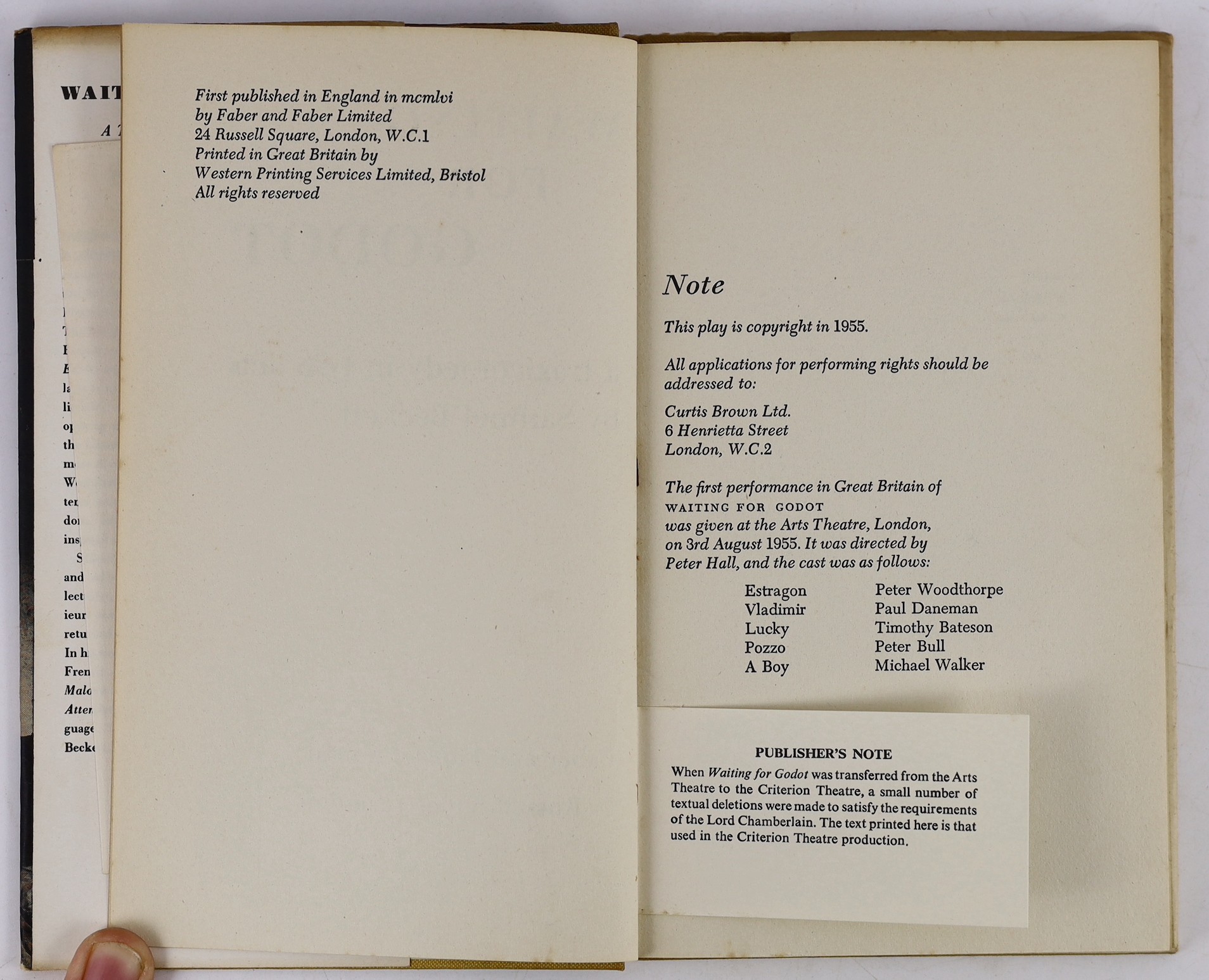 Beckett, Samuel - Waiting for Godot, a Tragicomedy in Two Acts, 1st British edition, 8vo, yellow cloth in unclipped d/j, a review copy, with publishers and review note, Faber and Faber, London, 1956